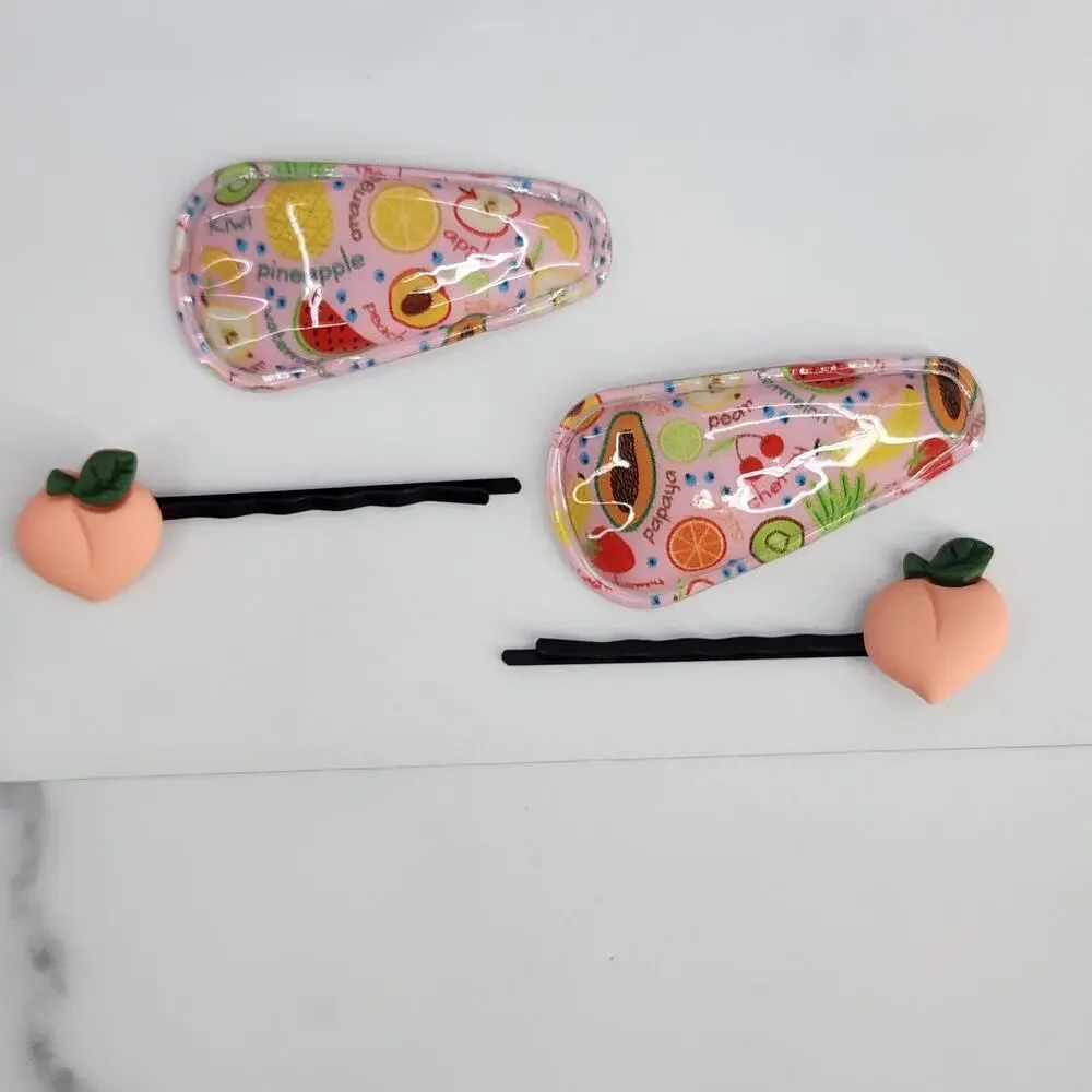 4 pc Fruit Hair Accessories 2 Peach bobby pins 2 Multi Fruit snap barrette clips